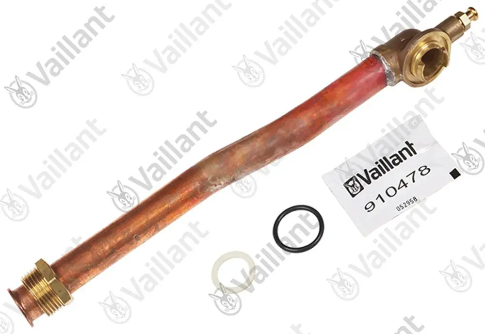 Vaillant Rohr mit einer gebogenen Kupferleitung und Messinganschluss, inklusive O-Ring und Etikett mit Artikelnummer.